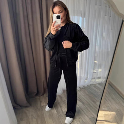 Damen Velours Jogginganzug Hochkragen Praktische Taschen