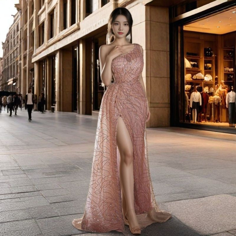 Damen Abendkleid Asymmetrischer Schnitt Glitzernd Eveloria
