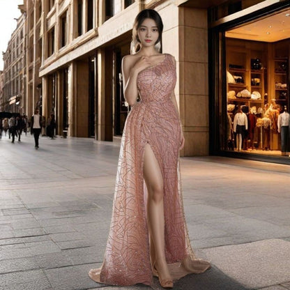 Damen Abendkleid Asymmetrischer Schnitt Glitzernd Eveloria