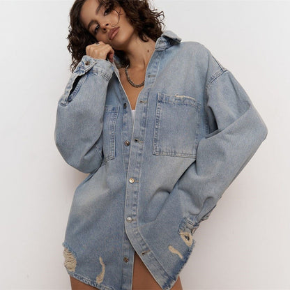 Damen Jeansjacke Distressed Look Blau Eveloria