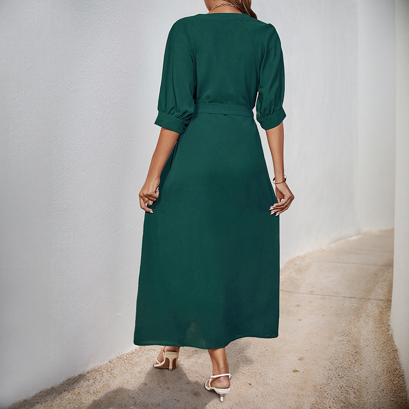 Damen Maxikleid Tailliert Gürtel Knöpfe Eveloria