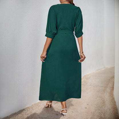 Damen Maxikleid Tailliert Gürtel Knöpfe Eveloria