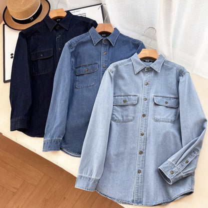 Damen Denim-Hemdbluse mit Brusttaschen Blau - Eveloria