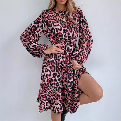 Damen Maxikleid Leopardenmuster Volantärmel Taillierung Schwarz - Eveloria