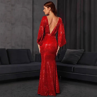 Damen Abendkleid Pailletten V-Ausschnitt Fließender Rock