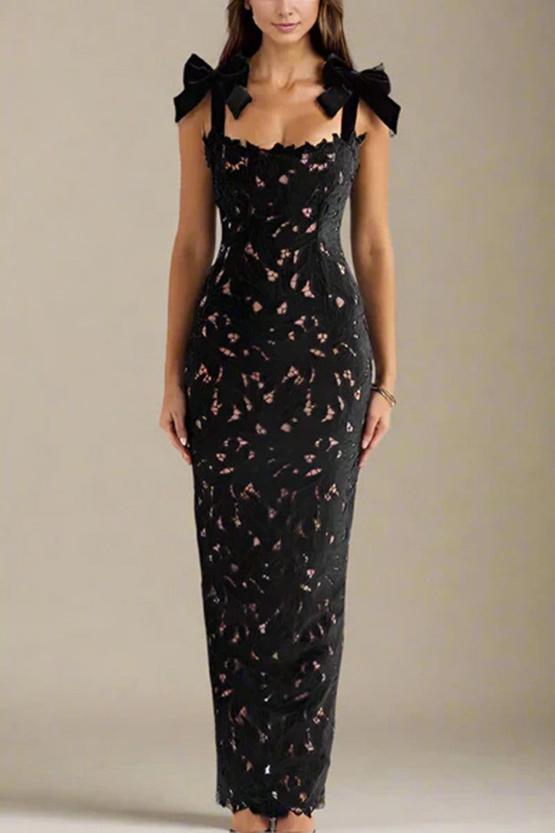 Damen Spitzenkleid Schleifenärmel Elegant Weiß