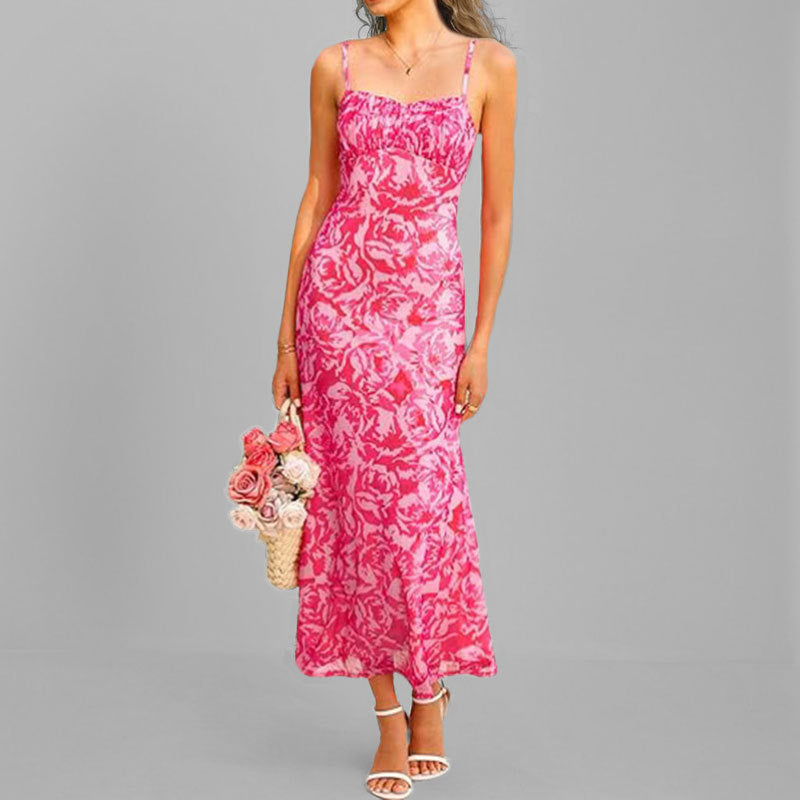 Damen Maxikleid Fließend Floralmuster Rüschensaum