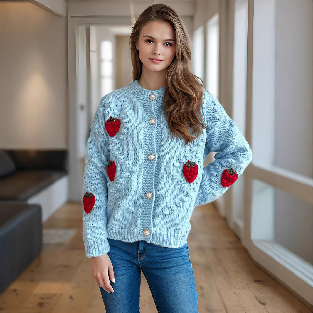 Damen Strickjacke Erdbeer Stickerei Knopfverschluss