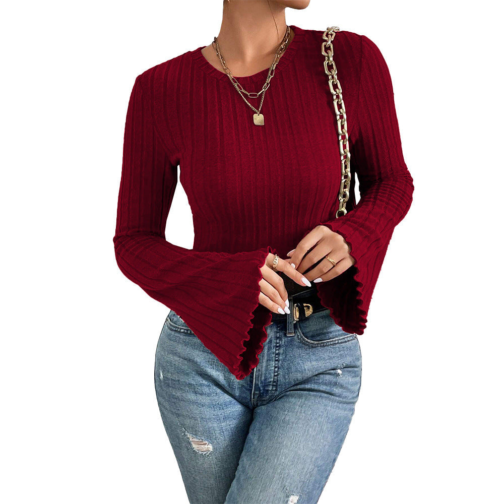 Damen Langarmshirt Rippdesign Ausgestellte Ärmel Elegant