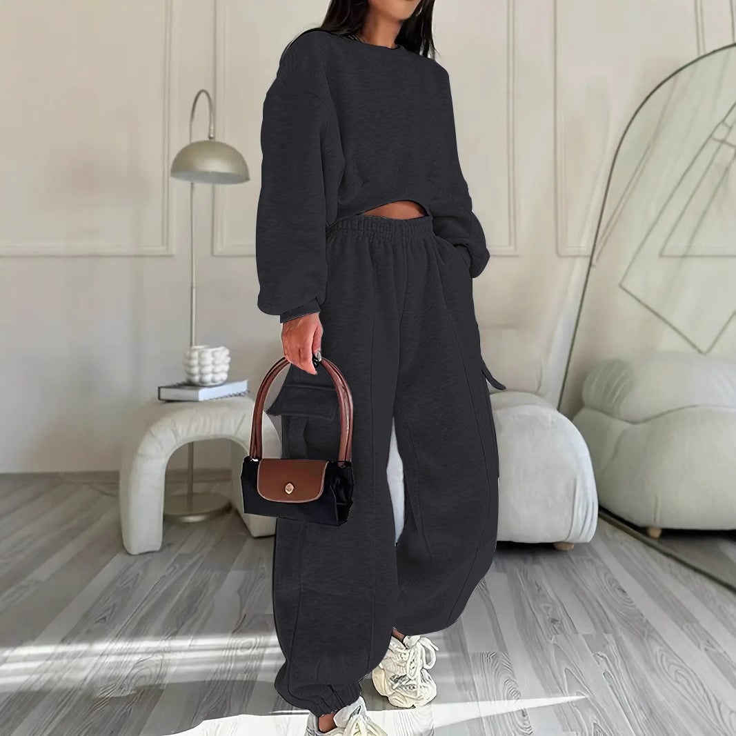 Damen Sweatshirt Jogginghose Set Elastisch Hochtaschen Grau Eveloria