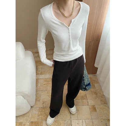 Damen Langarm Henley Shirt Rippenstrick Weiß