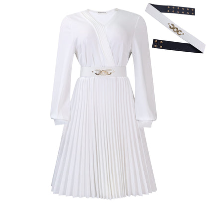 Damen Plissee-Kleid mit Taillengürtel V-Ausschnitt Eveloria
