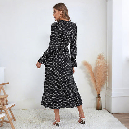 Damen Maxikleid mit Punkten Taillierbarer Gürtel Eveloria