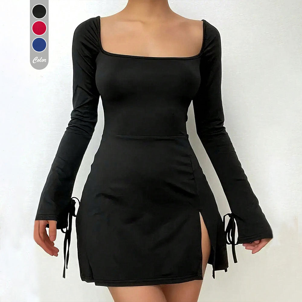 Damen Minikleid mit V-Ausschnitt und Schnürung Langarm