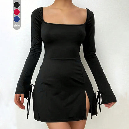 Damen Minikleid mit V-Ausschnitt und Schnürung Langarm