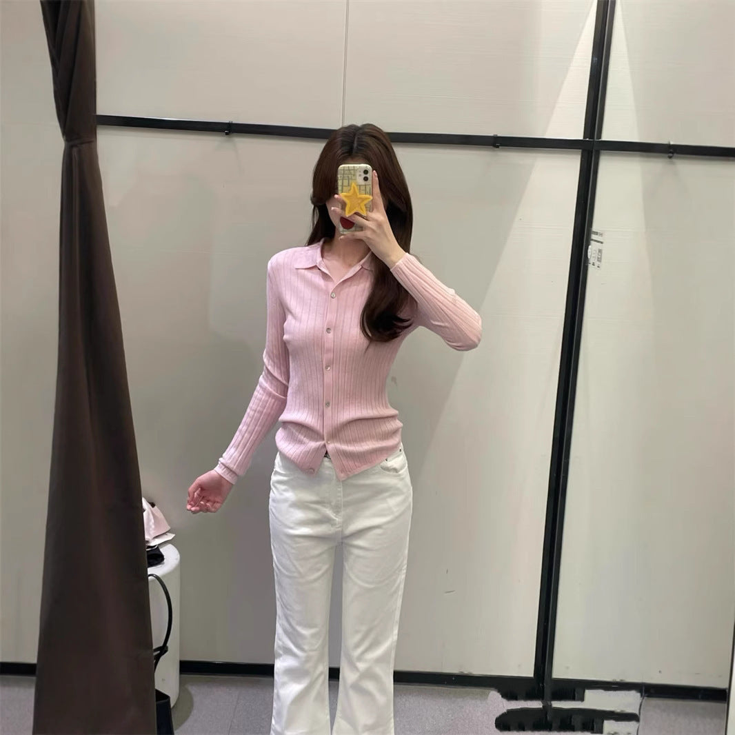 Damen Feinstrickbluse mit Kragen und Knöpfen Elegant Weiß