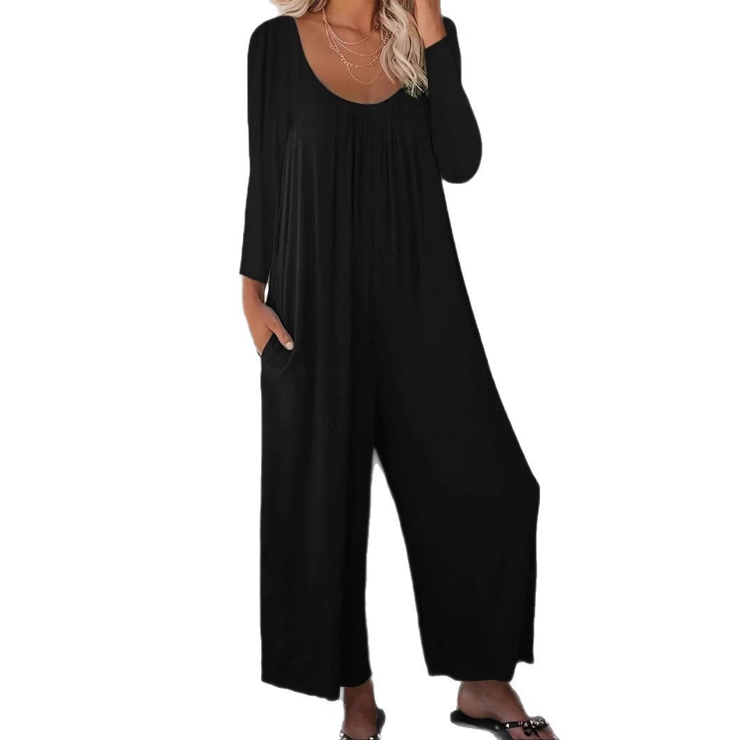 Damen Jumpsuit Weitgeschnitten Baumwolle Praktische Taschen
