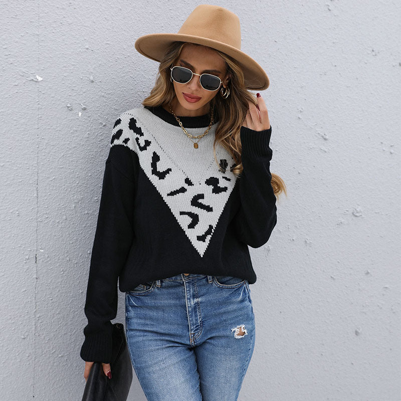 Damen Strickpullover Kontrastmuster Tiermuster Eveloria
