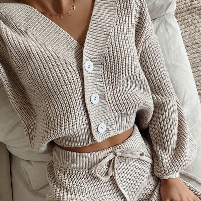 Damen Strick-Loungewear-Set Elastisch Mit Knöpfen Beige