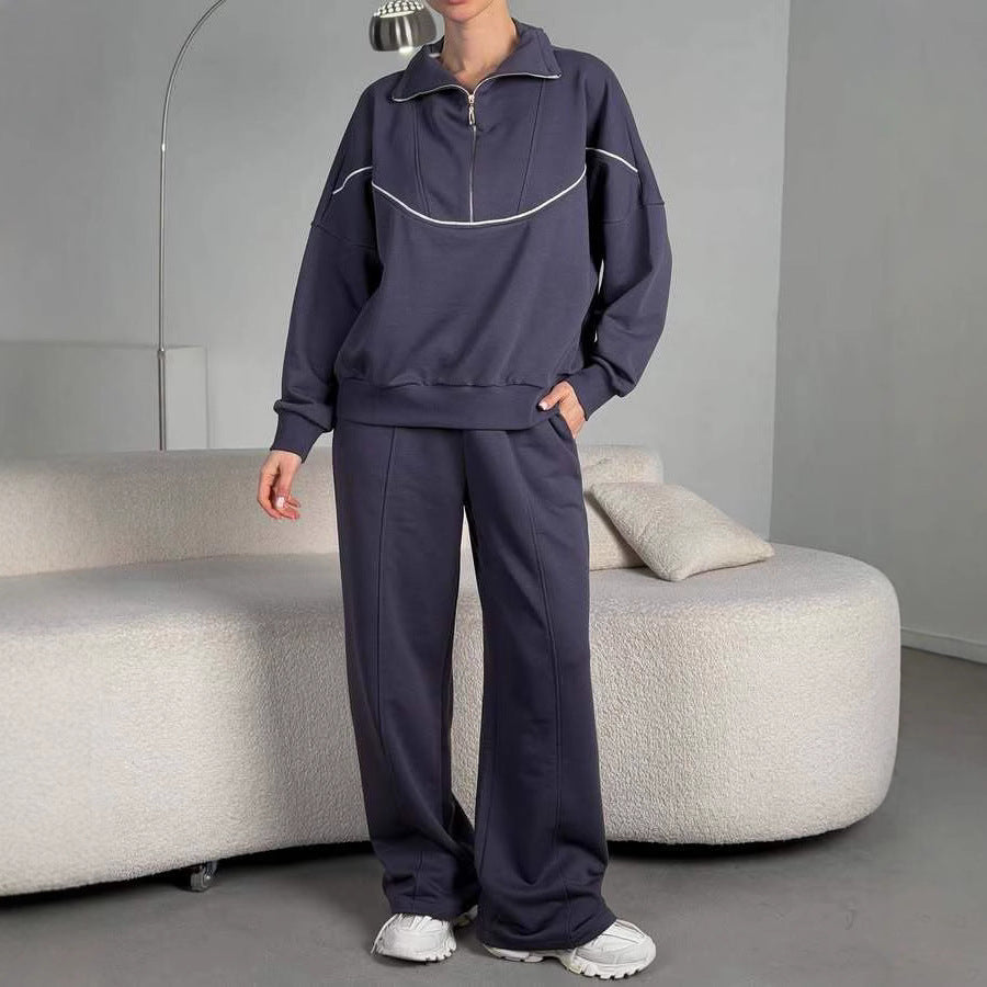 Damen Sport-Anzug-Set Sweat Halb-Reißverschluss Lässig Schwarz - Eveloria