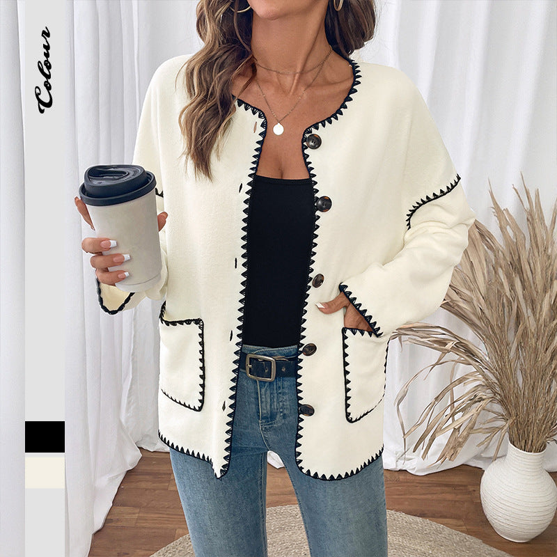 Damen Strickjacke Kuschelig mit Kontrastnähten und Taschen Schwarz - Eveloria