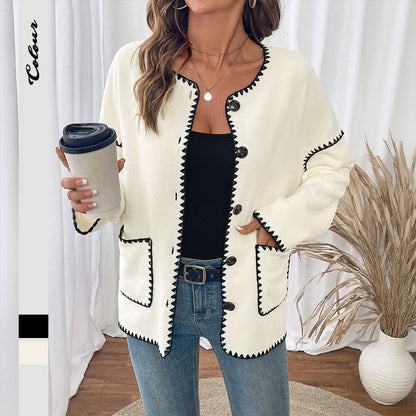 Damen Strickjacke Kuschelig mit Kontrastnähten und Taschen Schwarz - Eveloria