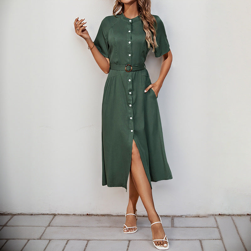 Damen Midi-Kleid Knopfleiste Seitenschlitz Eveloria