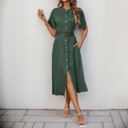 Damen Midi-Kleid Knopfleiste Seitenschlitz Eveloria