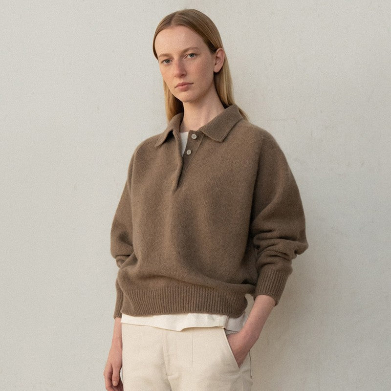 Damen Pullover Polokragen Knopfdetails Elegantes Design