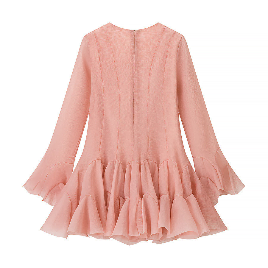 Damen Volantkleid Länge Langärmelig Knöpfe Eveloria