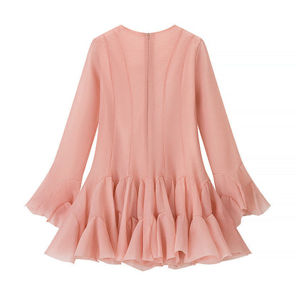 Damen Volantkleid Länge Langärmelig Knöpfe Eveloria