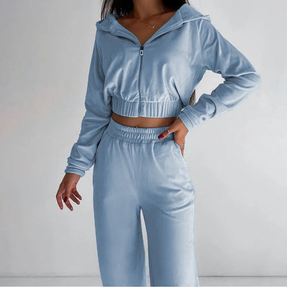 Damen Velours Loungewear Set Cropped Jacke Bequeme Hose