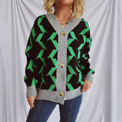 Eveloria Damen Strickjacke Geometrisches Muster Elegante Knöpfe