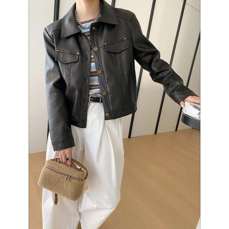 Damen Lederjacke Biker-Stil Kunstleder Doppelkragen Schwarz - Eveloria