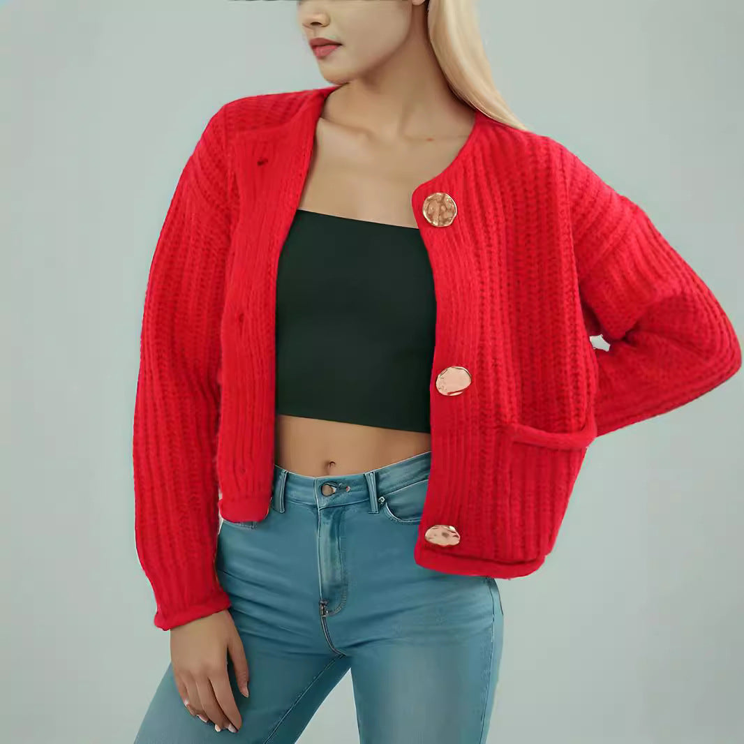 Damen Strickjacke Großknöpfe Aufgesetzte Taschen Kuschelig Braun - Eveloria