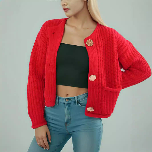 Damen Strickjacke Großknöpfe Aufgesetzte Taschen Kuschelig Braun - Eveloria