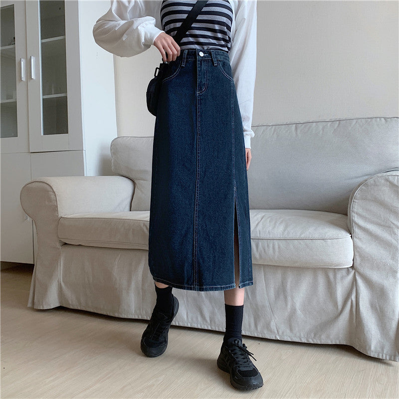 Damen Denim-Rock Lang Mit Seitlichem Schlitz Blau