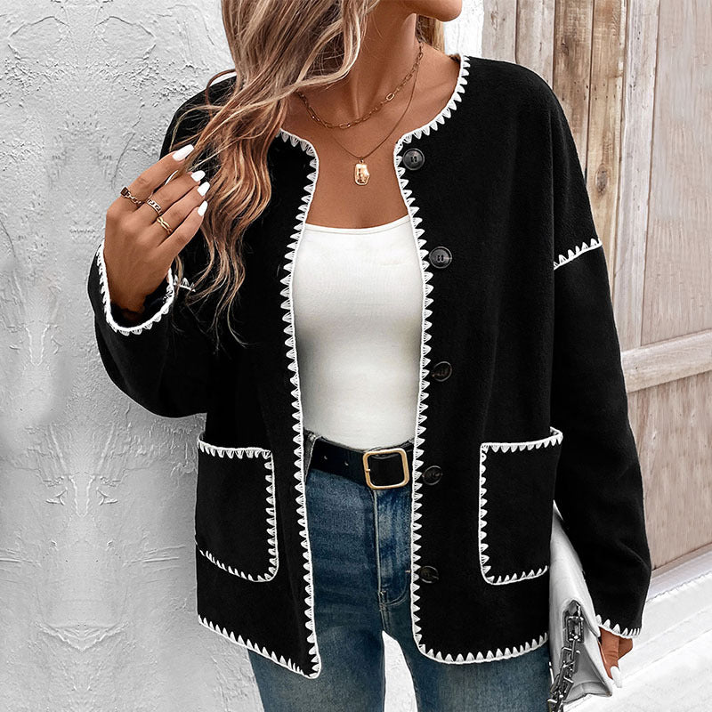 Damen Strickjacke Kuschelig mit Kontrastnähten und Taschen