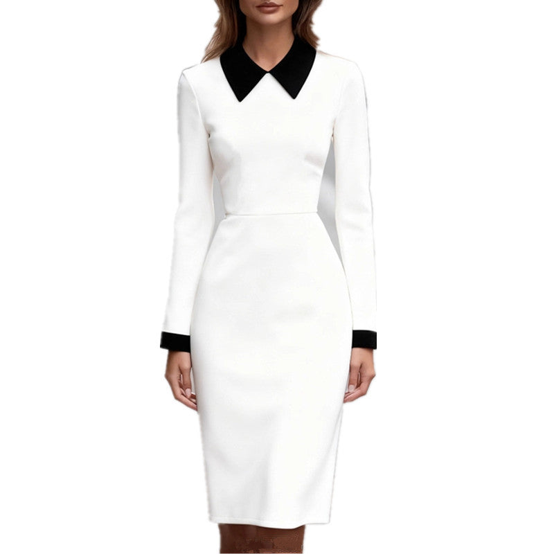 Damen Kleid Figurbetonter Stil Kontrastkragen Langer Ärmel Eveloria