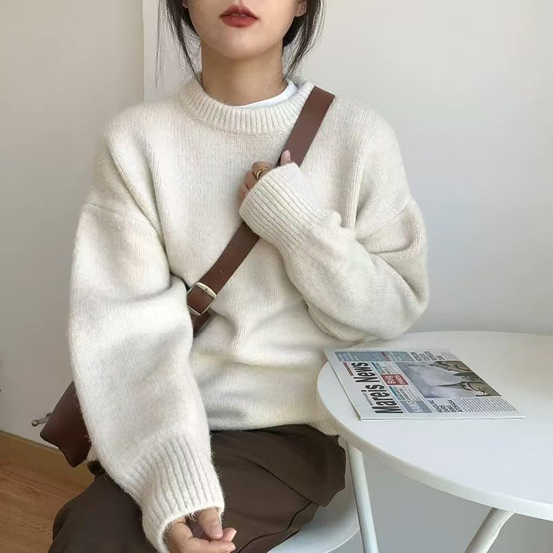 Damen Oversized Pullover Rundhalsausschnitt Kuschelstrick Beige