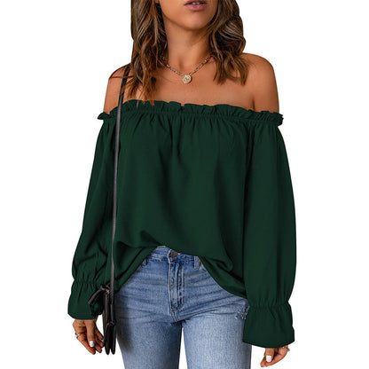 Damen Off-Shoulder Bluse Volantärmel Dekorativer Saum Eveloria