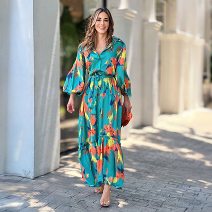 Damen Maxikleid Farbenfroh Voluminöse Ärmel Eveloria