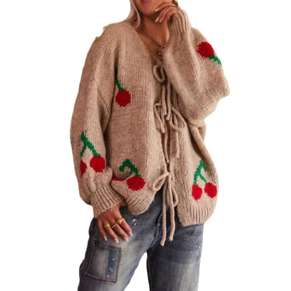 Damen Strickjacke Kirschmuster Mit Kordelzug