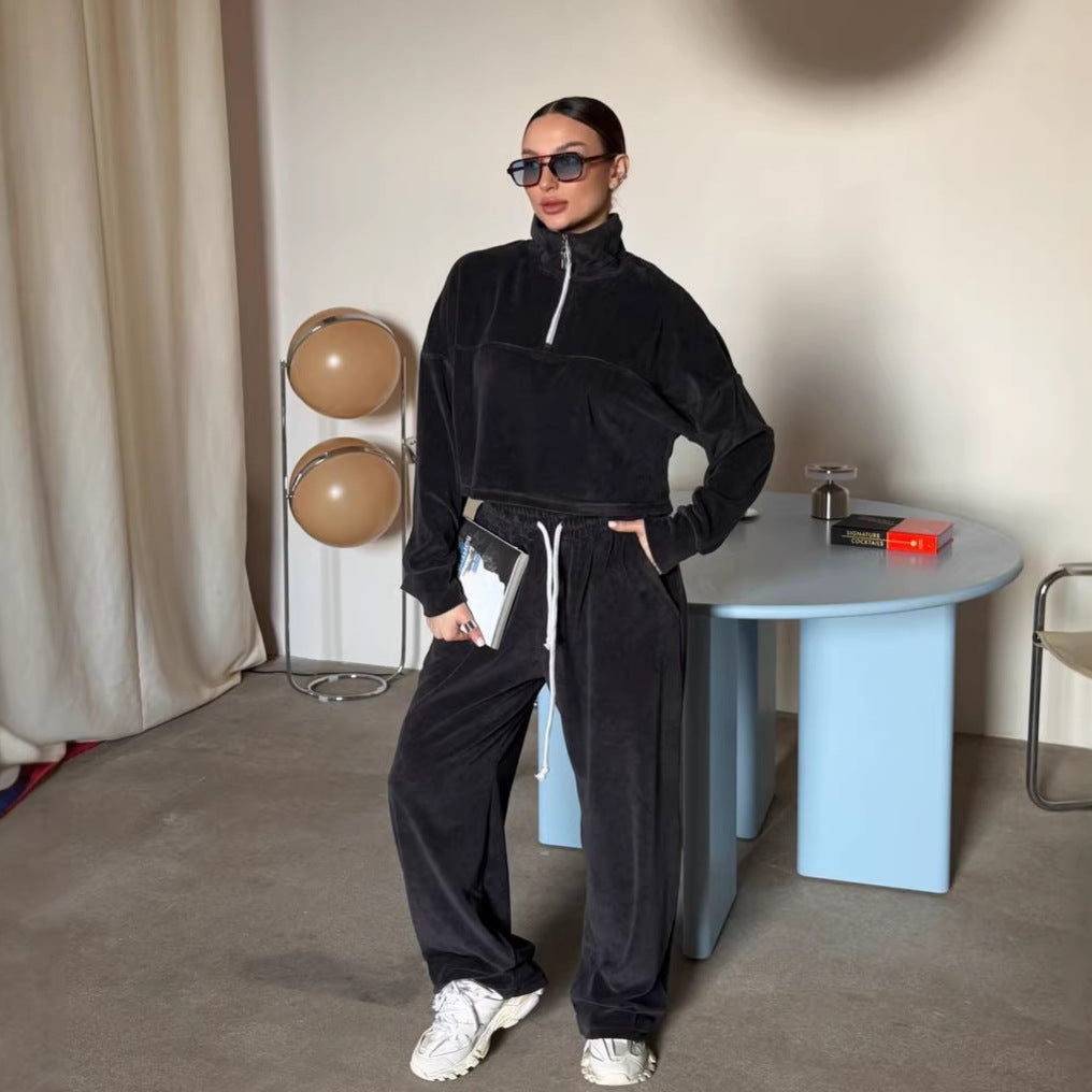 Damen Cropped Sweatshirt Halbzipper Weite Hose Eveloria