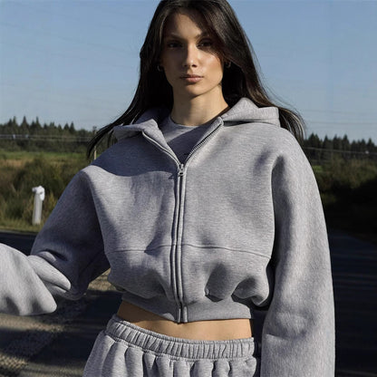 Damen Cropped Sweatjacke und Jogginghose Set Bequem Grau Eveloria