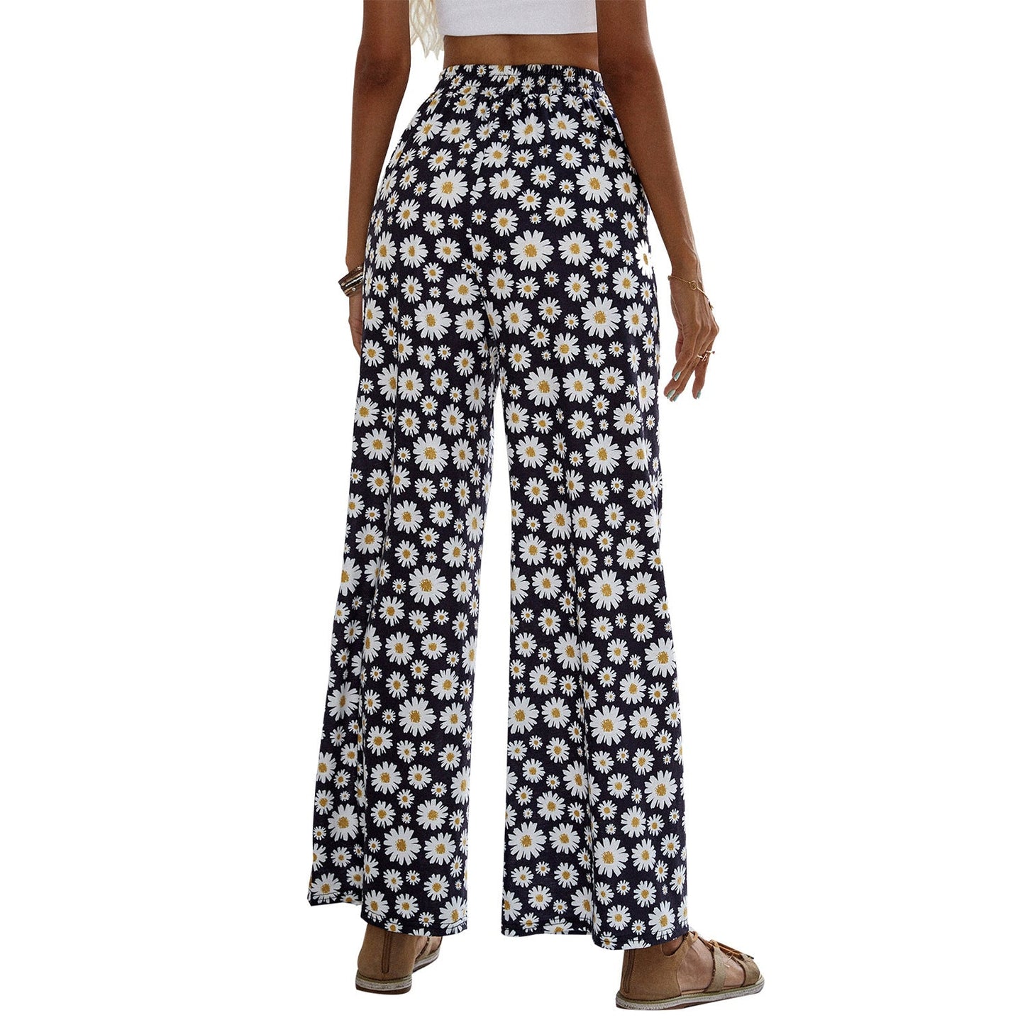 Damen Sommerhose Florales Design Elastischer Bund Beige