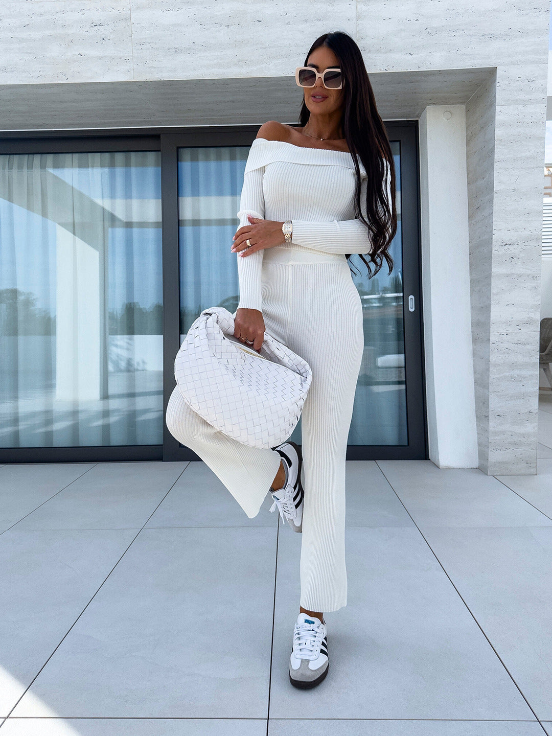 Damen Elegante Knit-Jumpsuit Schulterfrei Weites Bein