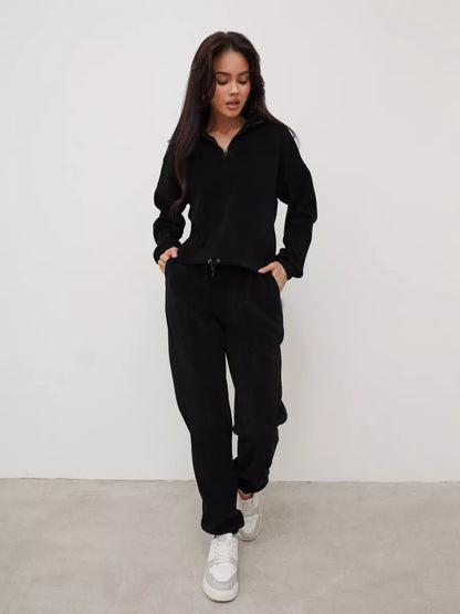 Damen Fleece-Jogginganzug Elastisch Halbzipp Reißverschluss Grau