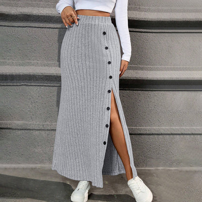 Damen Maxi-Rock Strick mit Knöpfen und Seitenschlitz Schwarz - Eveloria