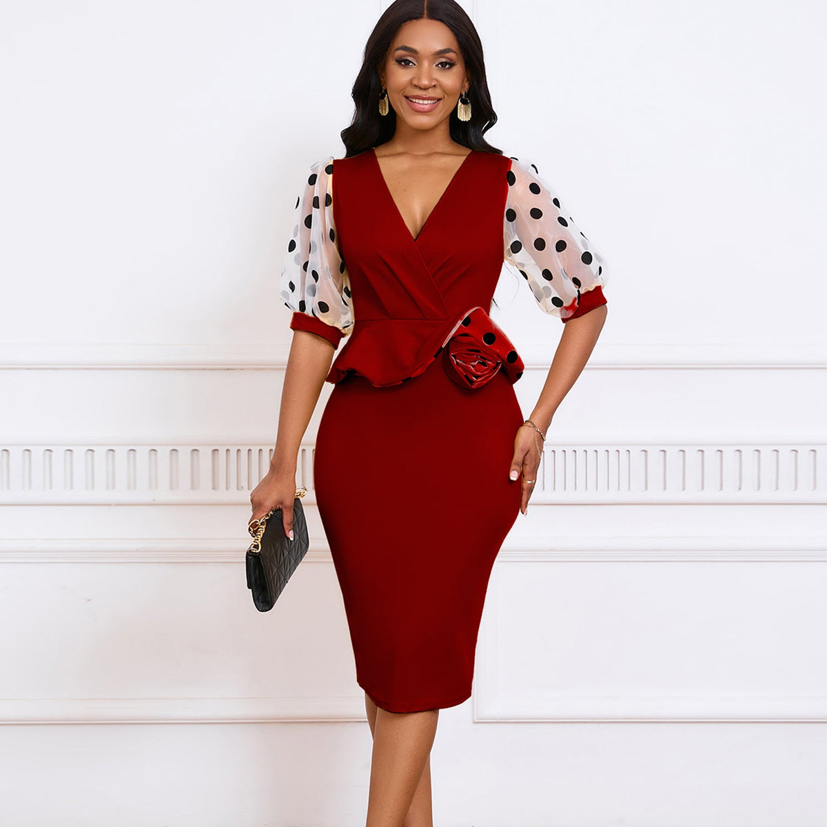Damen Wickelkleid Puffärmel Tailleneinsatz Eveloria - Eveloria